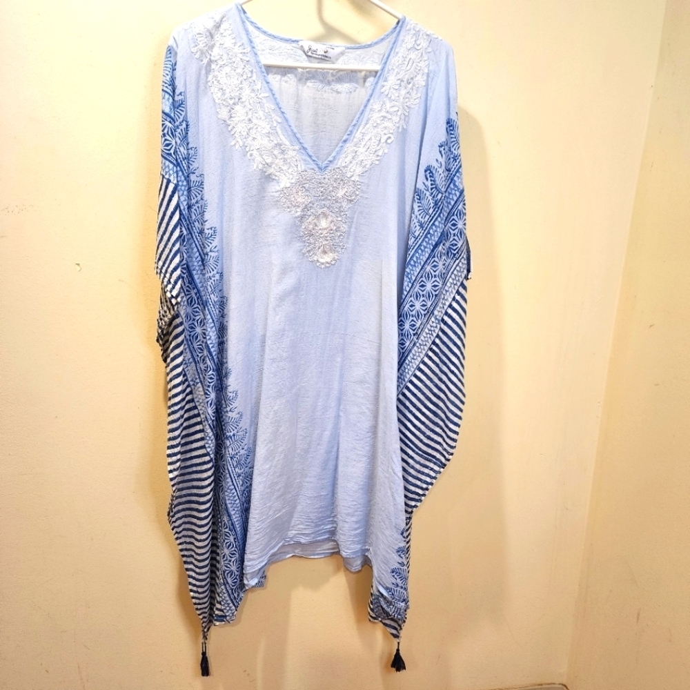 Blue Embroidered  Cove Up Kaftan with Striped Sleeves Tassel OS